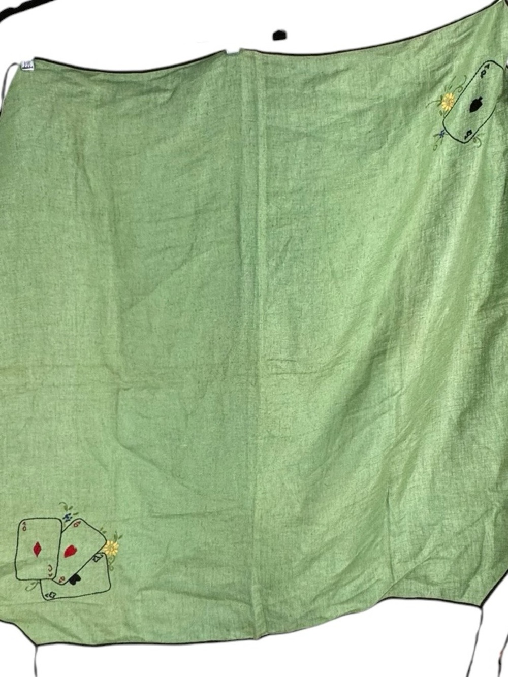 Vintage embroidered card table cover with corner ties 34 in square tablecloth
